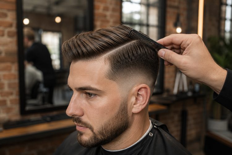 Fryzura side part — zaczesane na bok włosy z wyraźnym przedziałkiem